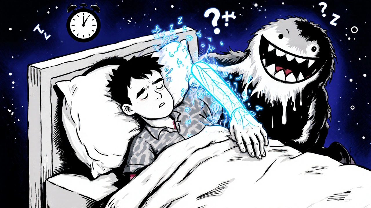 A man sleeping with his arm bent under a pillow monster crushing his glowing nerve, surreal cartoon scene.