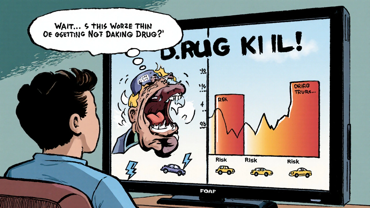 A patient compares drug risk to everyday dangers like lightning and car crashes using a visual chart.