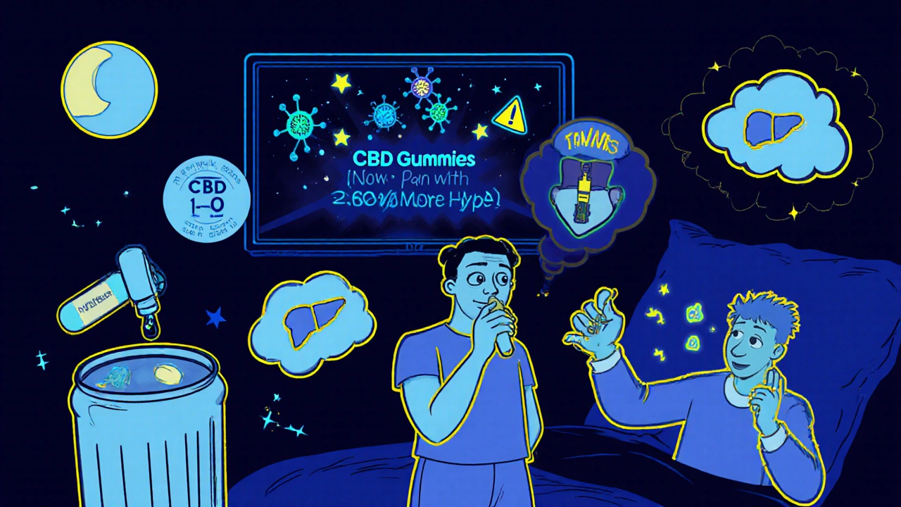 A patient replacing opioids with cannabinoids while floating icons show pain, sleep, anxiety, and CBG science.