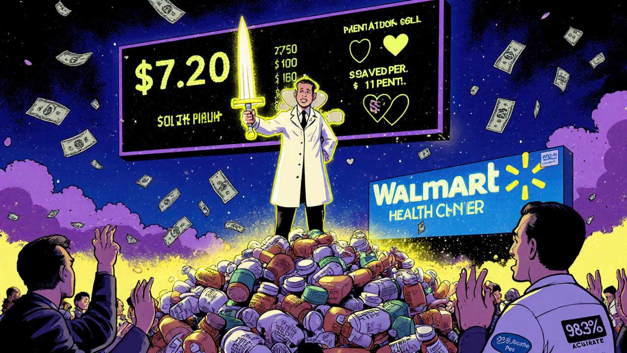 A pharmacist stands on discarded brand-name bottles holding a glowing generic pill as employees cheer.