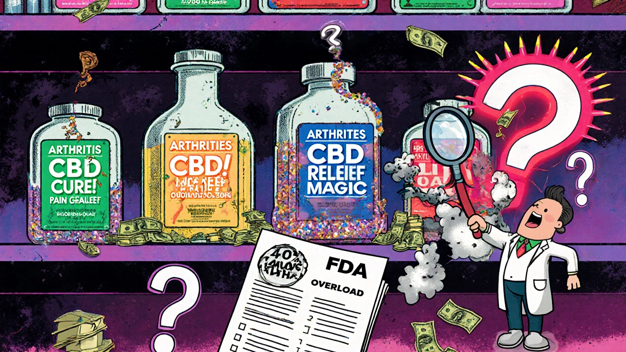 A pharmacy shelf overflowing with misleading CBD products, a doctor examining a lab report with red flags.