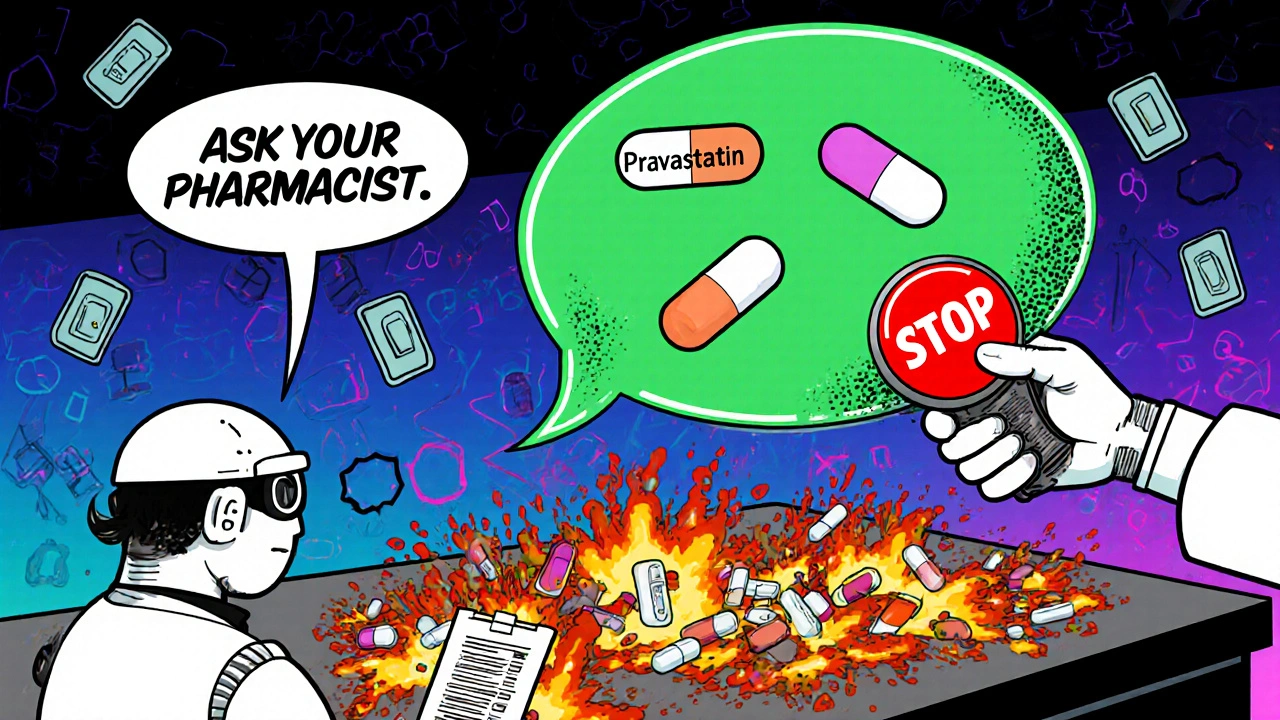 A robot pharmacist stops a dangerous drug combo as safe statins float in a green bubble, in Adult Swim cartoon style.
