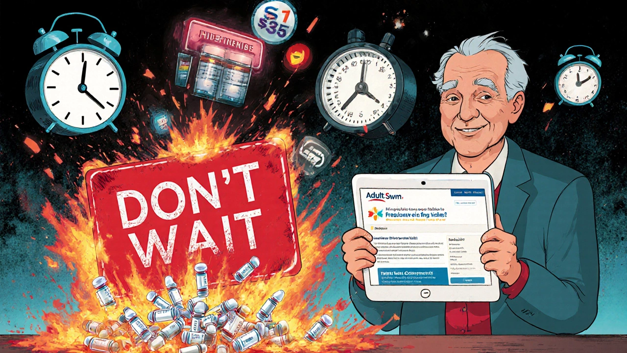 A senior using the Medicare Plan Finder tool as penalty clocks and drug tiers explode around them.