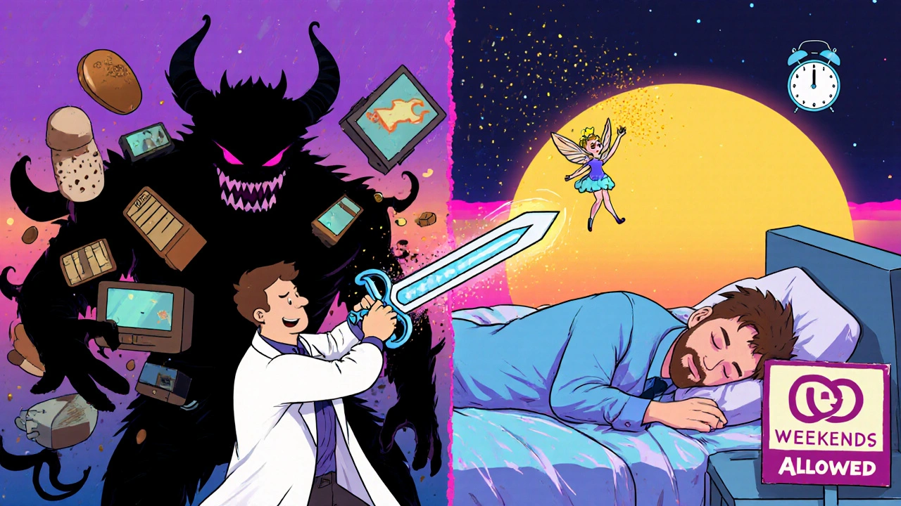 A split cartoon battle: one side shows a man fighting caffeine monsters with a light box, the other shows him peacefully sleeping under sunrise.
