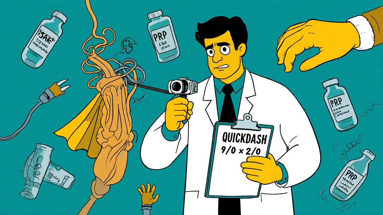 A surgeon performing endoscopic surgery on a cartoon nerve wearing a cape, with splints and tools floating around.