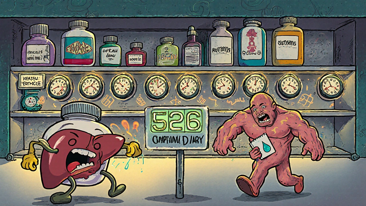 A surreal pharmacy shelf with drug bottles labeled with timers from 1 day to over a year, a running liver escaping methotrexate.