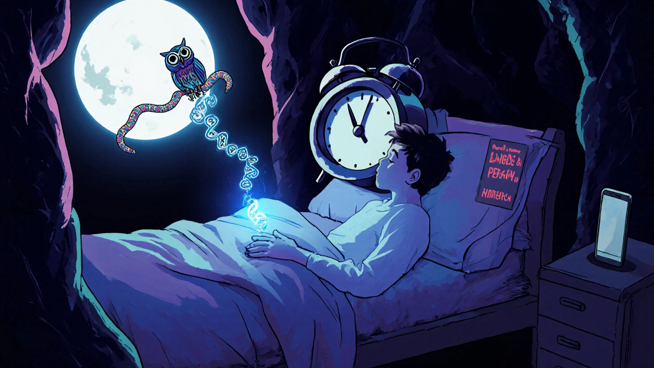 A teenager&#039;s ghostly body asleep in a cave while a giant alarm clock screams 8 AM, with blue light from a phone snaking toward him.