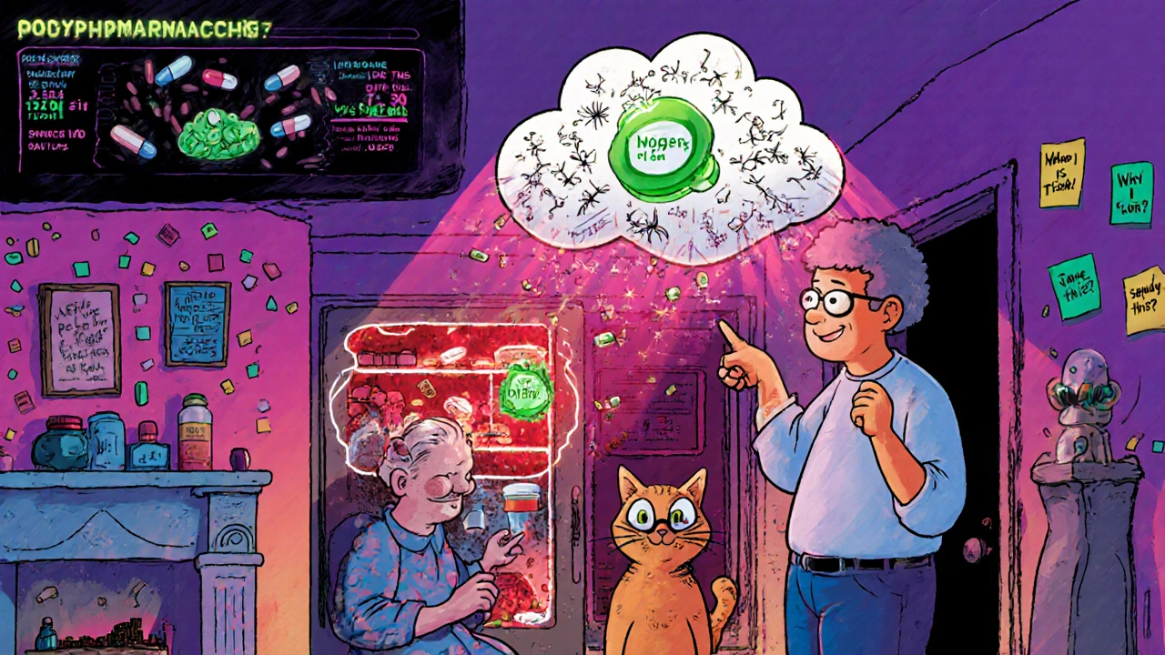 AI risk score projecting danger zones over medicine cabinet, family member activating safe taper plan.