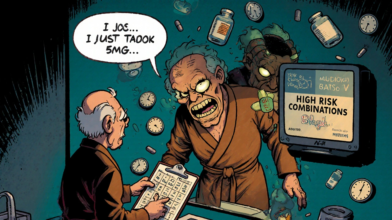 An elderly man sees a monstrous reflection in the mirror while a doctor looks on in shock, surrounded by floating pills.