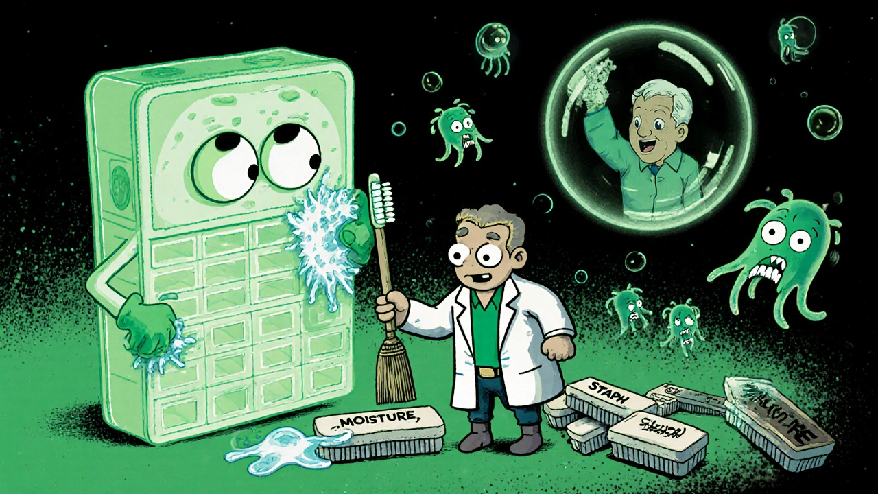 Animated pill organizer being cleaned by a superhero with bacteria monsters nearby.