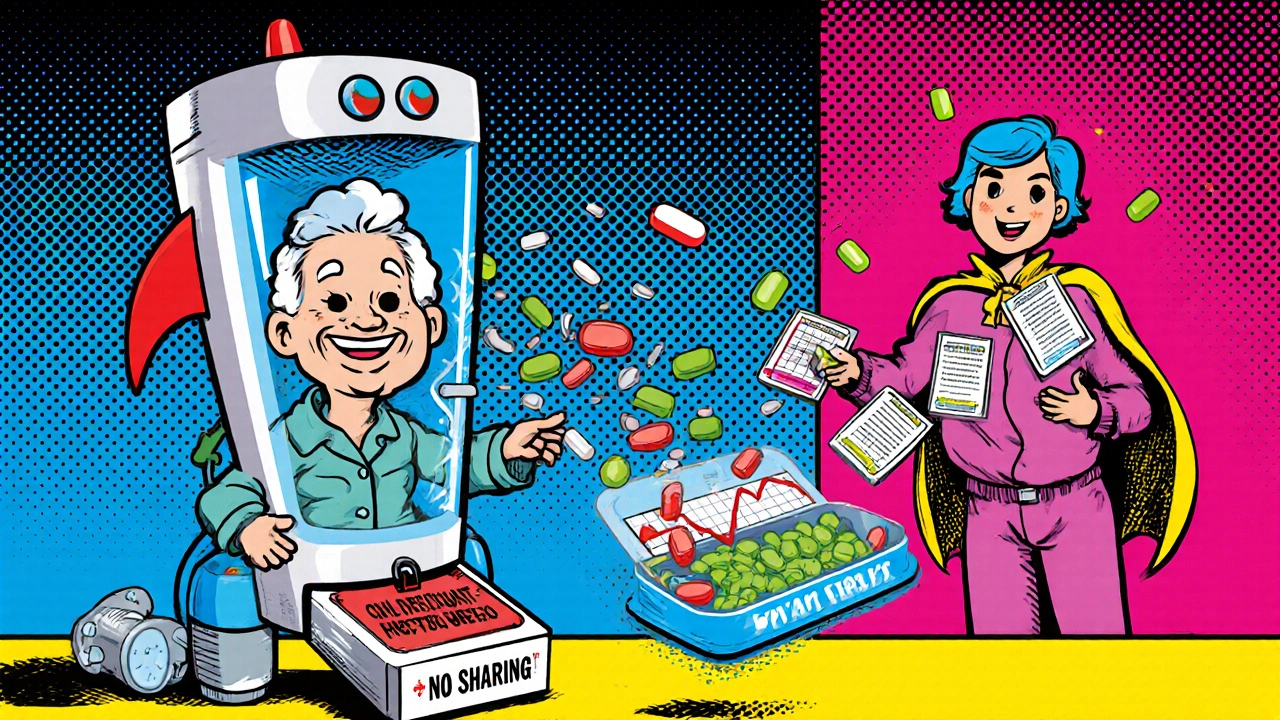 Futuristic pill dispenser with glowing lights helping a senior woman lower her blood pressure.