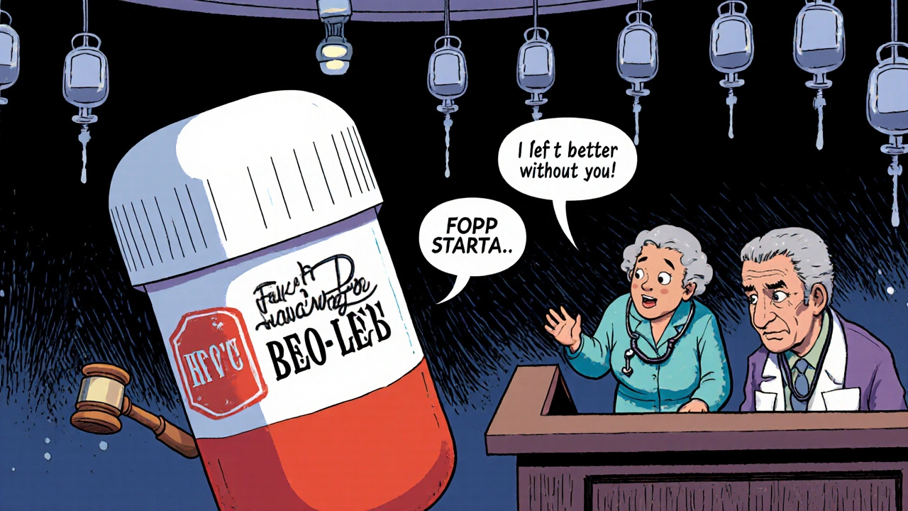 Giant pill on trial in a surreal courtroom with STOPP/START criteria as jurors and patient testifying.