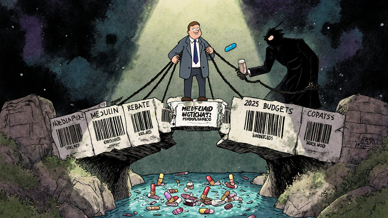 Patient on crumbling formulary bridge holds insulin pill as PBM executive pulls ropes labeled &#039;Rebates&#039; and &#039;Copays&#039;, with pills flowing into a budget cuts vortex.