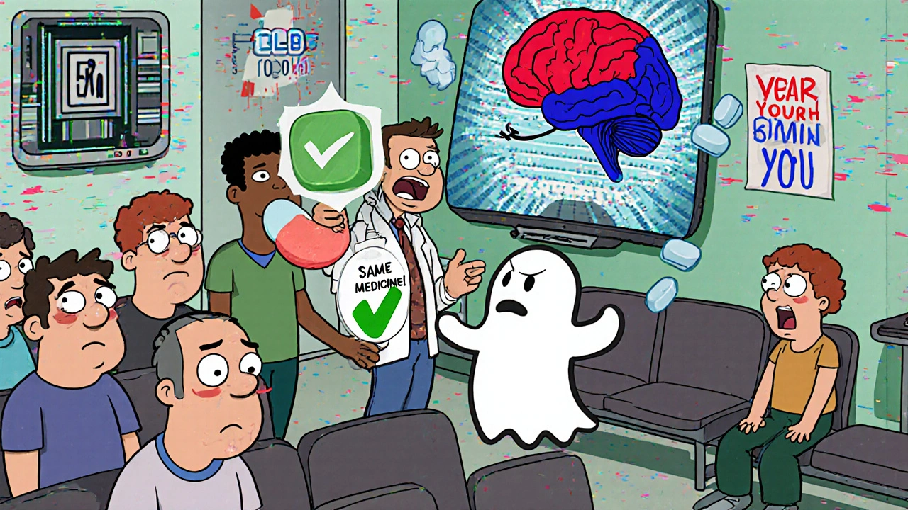 Patients suffering absurd side effects in a hospital while a pharmacist holds up a generic pill with a checkmark.