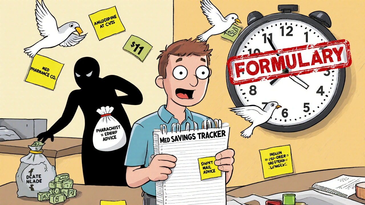 Person with savings notebook, flying price notes, and shadowy insurance figure trying to steal cash