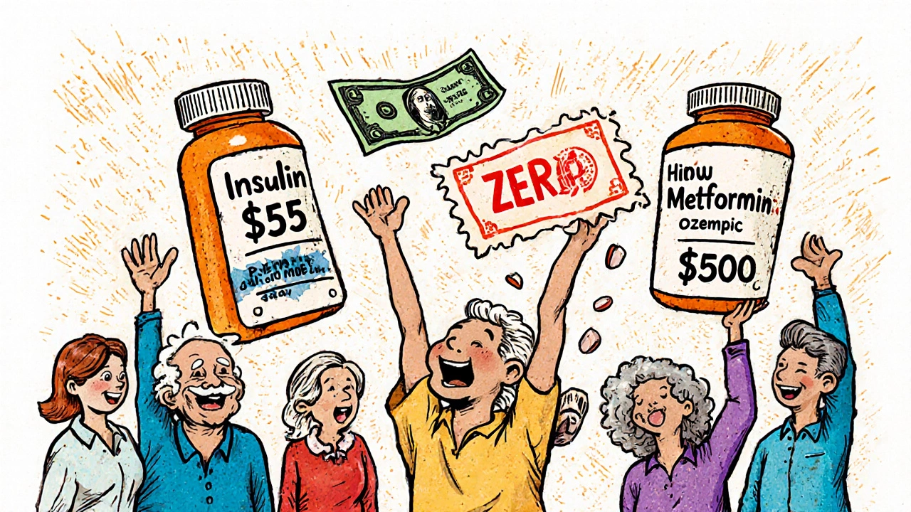 Seniors celebrating capped drug costs at ,000 while insulin costs remain  per prescription.