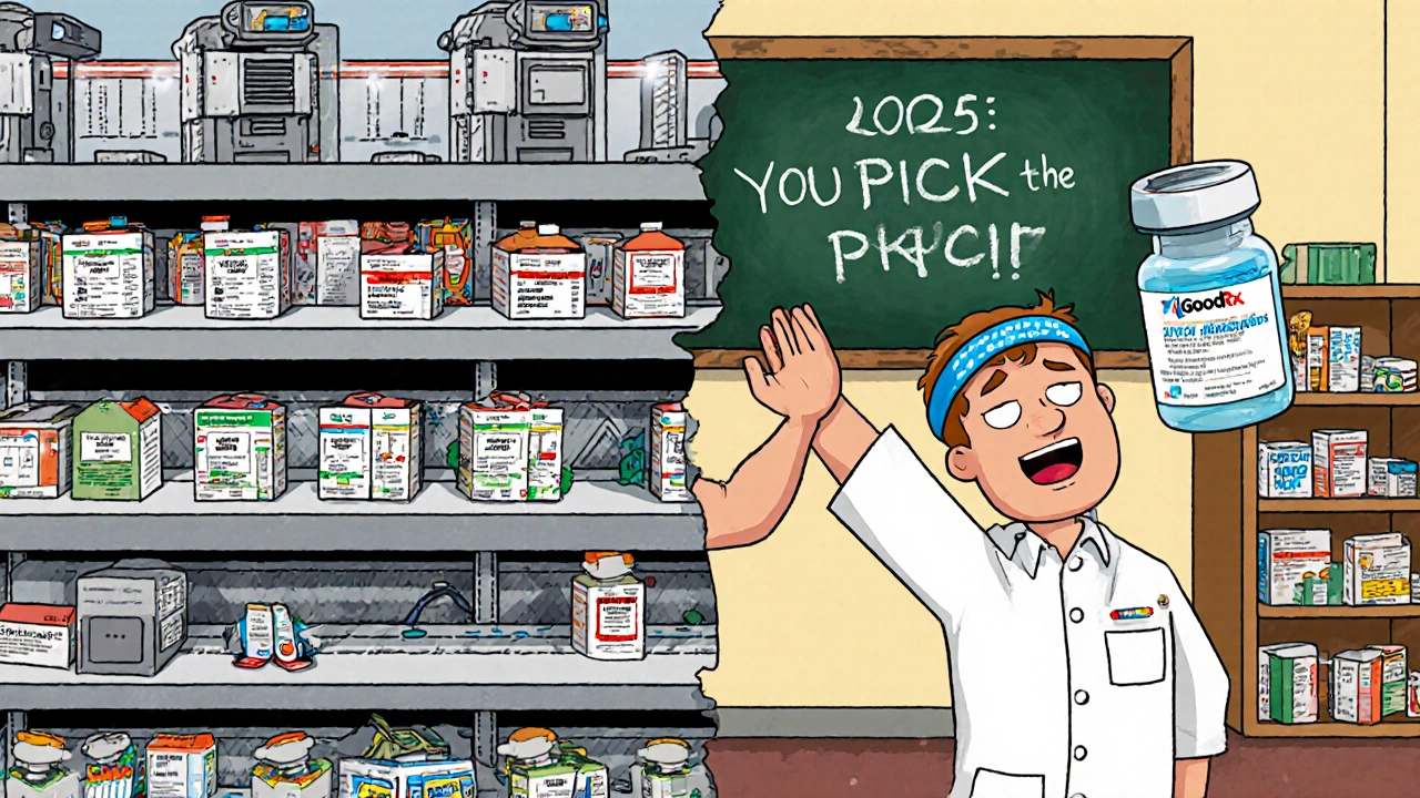 Split pharmacy world: robotic mail-order vs. friendly local pharmacy with insulin vial and GoodRx coupon