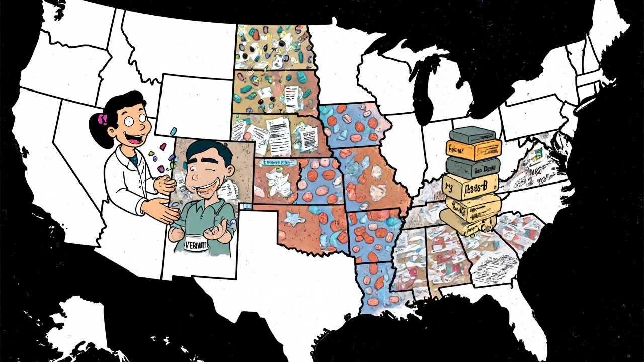 Surreal U.S. map showing states with wildly different Medicaid generic rules: Vermont’s easy swap, Texas’s paperwork maze, California’s wobbling pill tower.