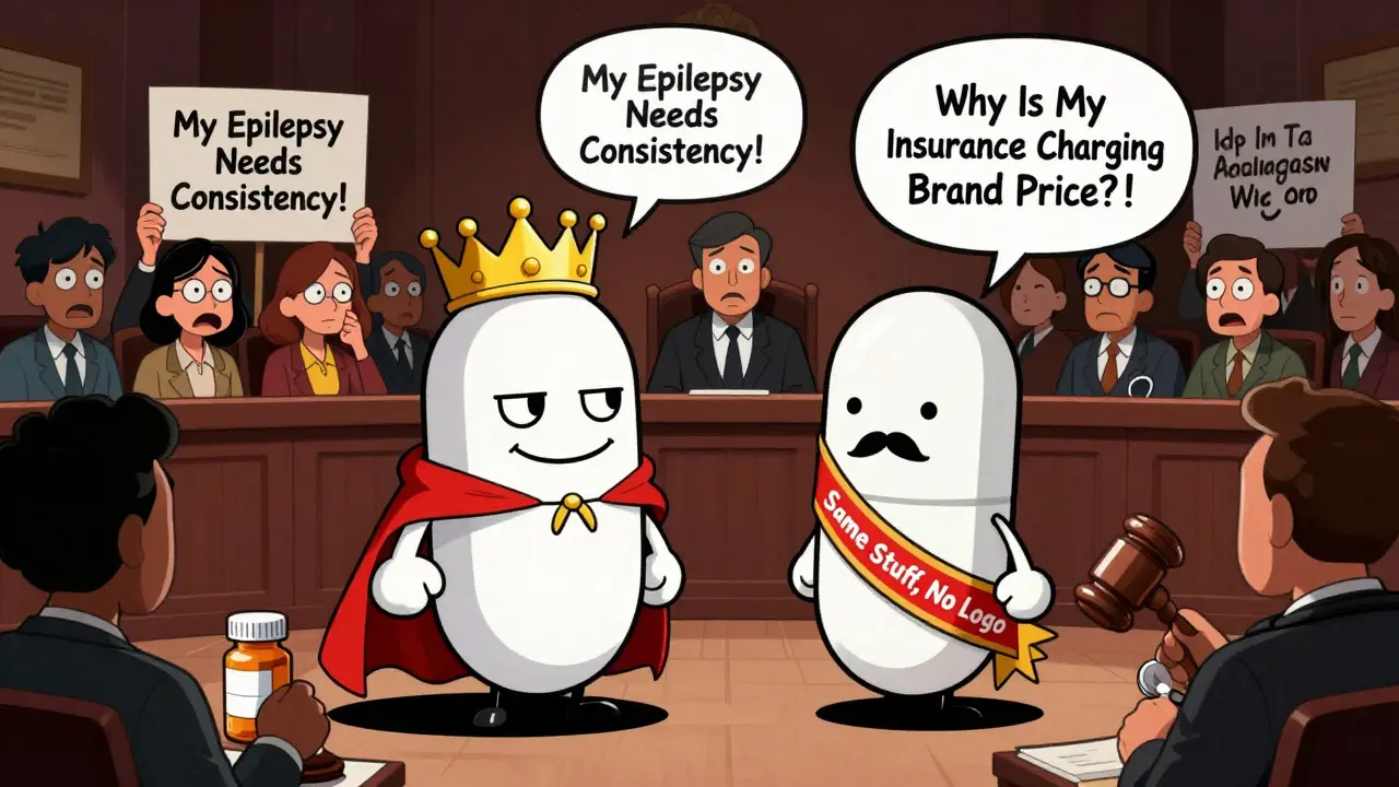 A brand-name pill in a crown dueling a plain pill with a mustache in a surreal courtroom scene.
