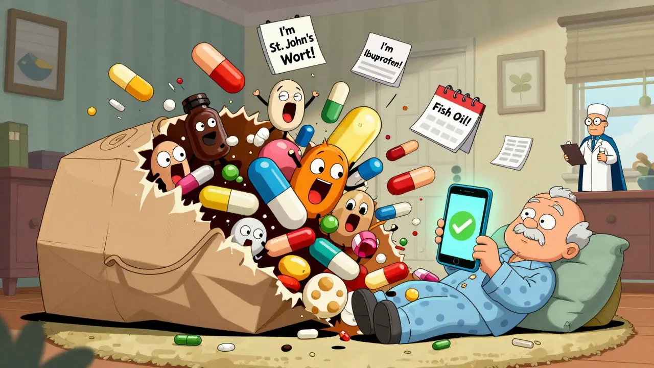 A brown bag exploding with animated supplements fighting each other while someone uses a medication app.