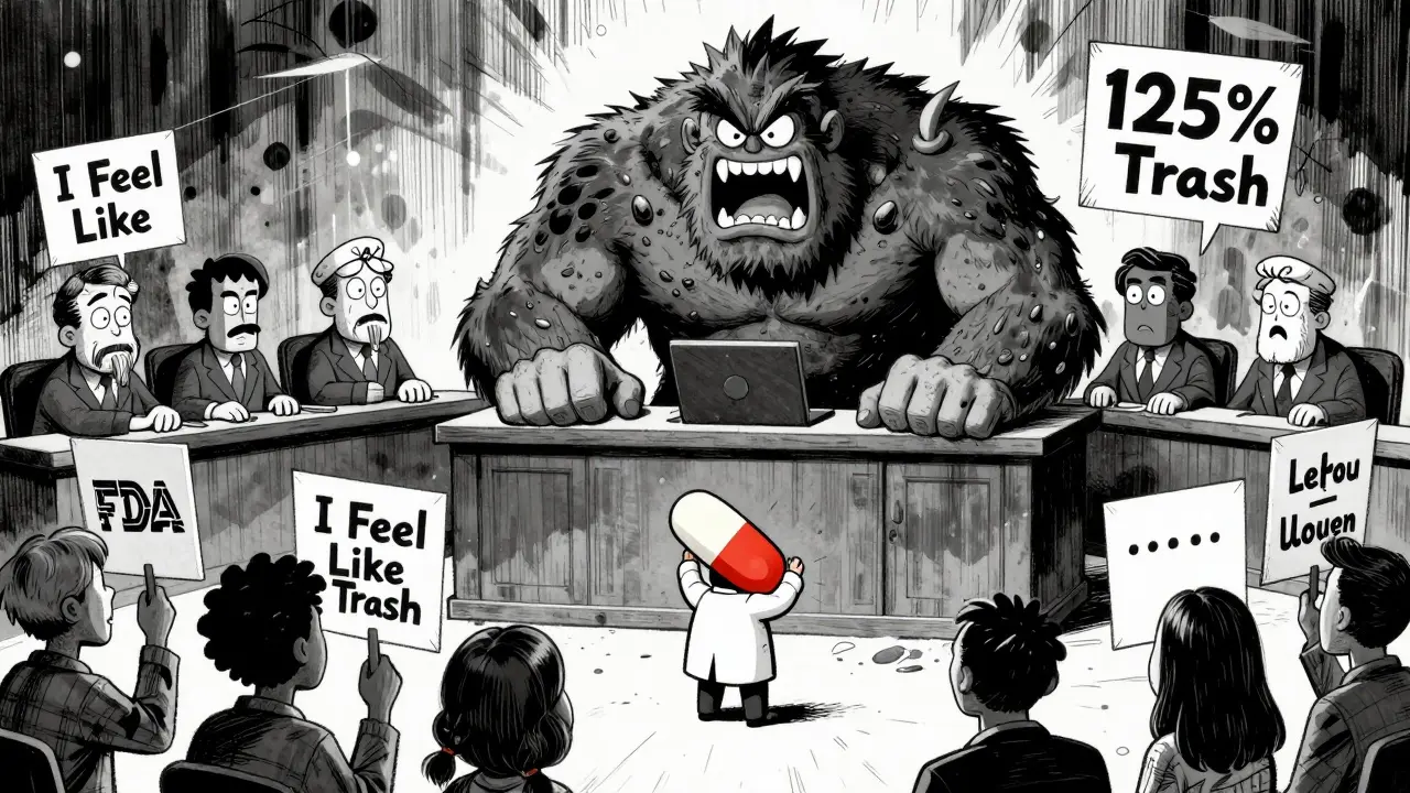 A cartoon courtroom trial where a levothyroxine pill is defended against a monstrous bioequivalence giant, with anxious patients as jurors.