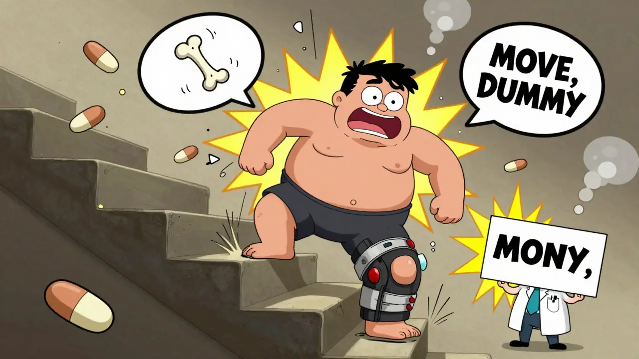 A chubby person climbing stairs with a giant knee brace, surrounded by pain sparks and mocking ibuprofen pills.