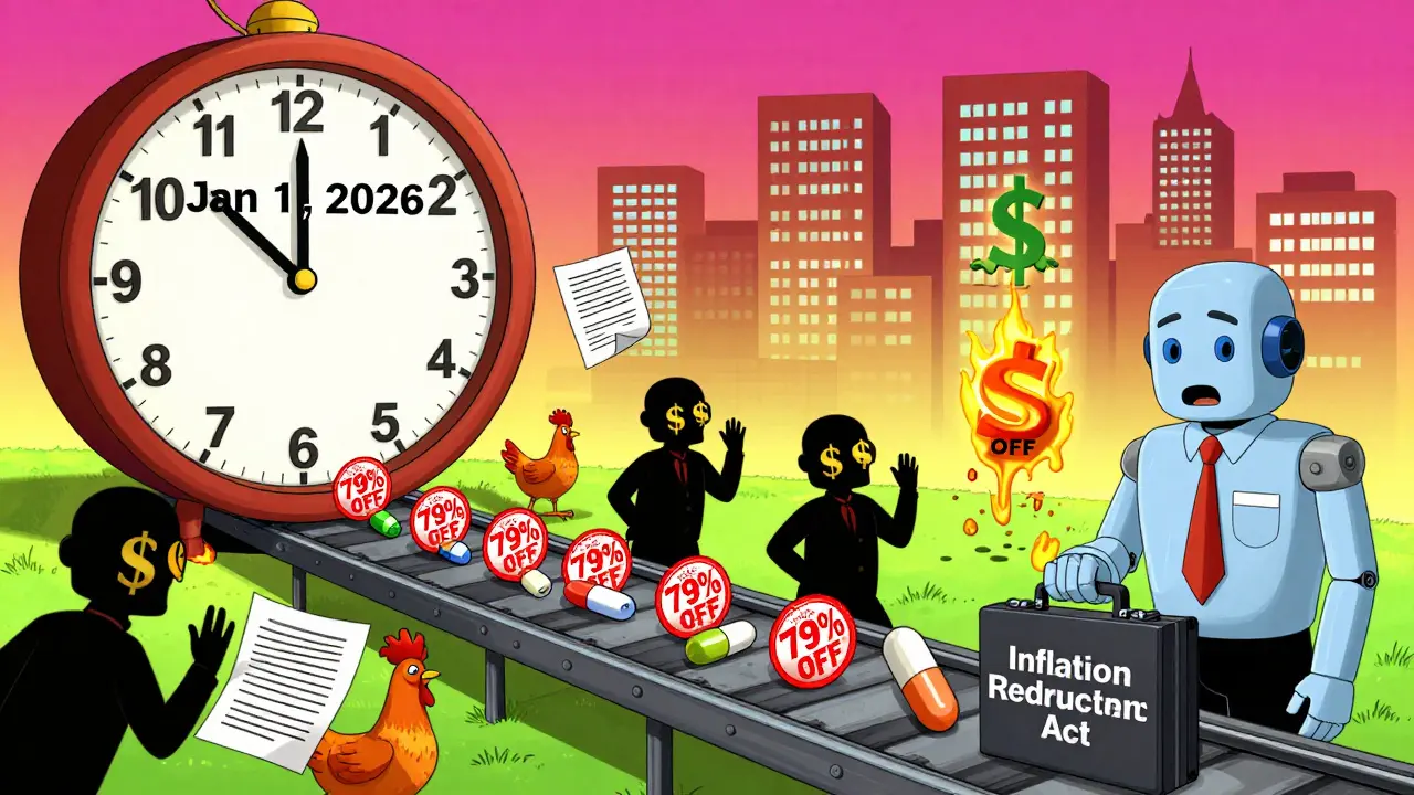 A conveyor belt of drugs gets stamped with massive discounts as lobbyists try to stop them with rubber chickens and burning papers.