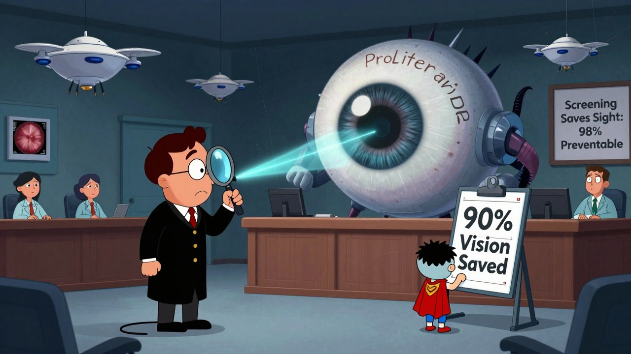A courtroom inside an eyeball where a laser-wielding judge punishes a proliferative retinopathy monster while a patient in a cape celebrates.
