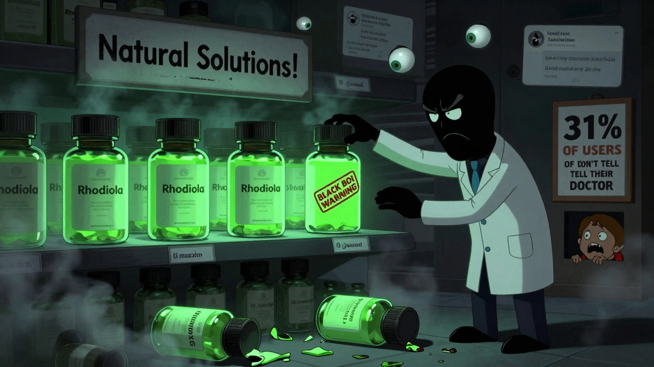 A dark supplement shelf with glowing Rhodiola bottles and a FDA stamp applying a black box warning.