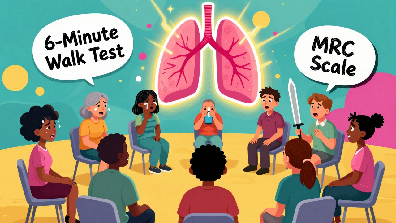 A diverse group of patients in a therapy circle, with a glowing animated lung above them and educational doodles floating around.