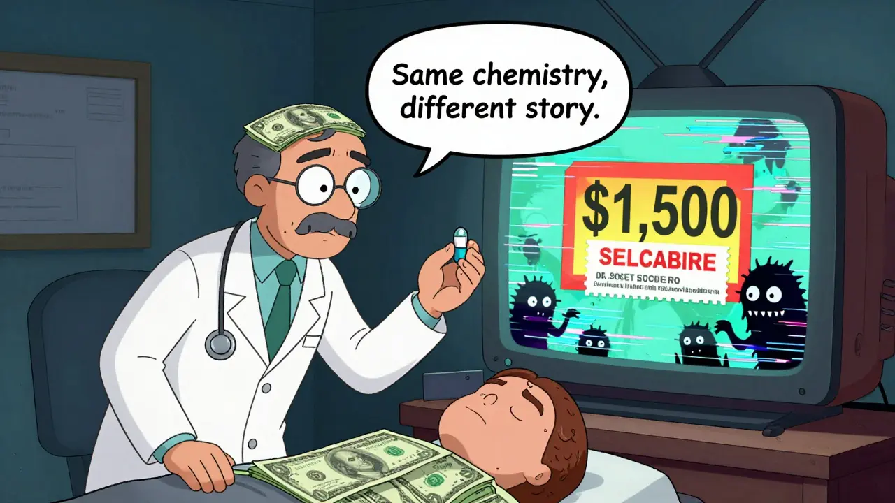 A doctor explains generics to a patient whose mind shows conflicting TV channels of expensive vs. cheap drug ads.