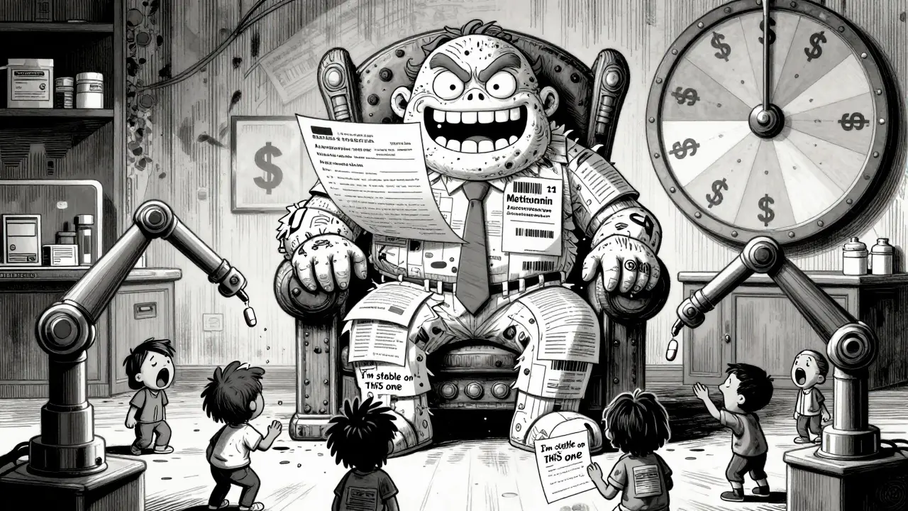 A monstrous PBM made of contracts sits on a throne of generic drugs, while robotic arms swap pills for terrified patients.