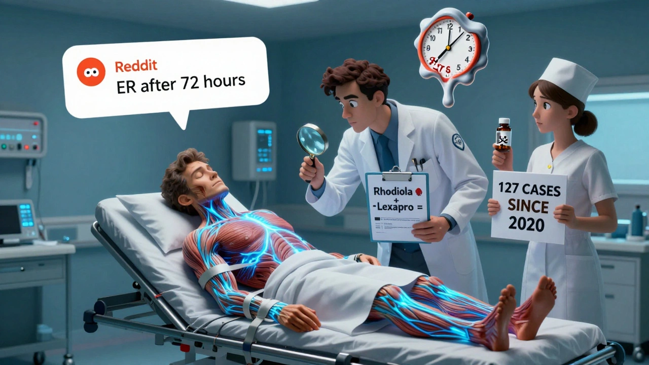 A patient in an ER with glowing veins as doctors react to a Rhodiola and SSRI interaction warning.