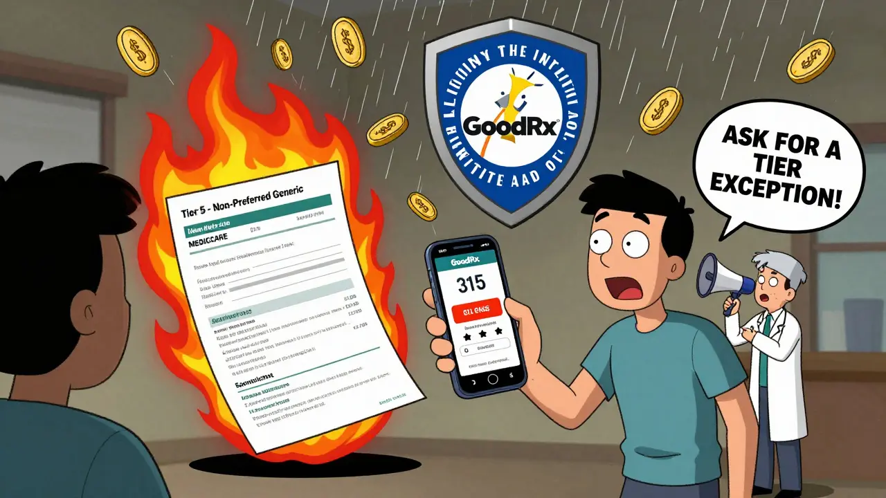 A patient uses GoodRx on their phone as a burning formulary label reads 'Tier 5', with a doctor whispering advice nearby.