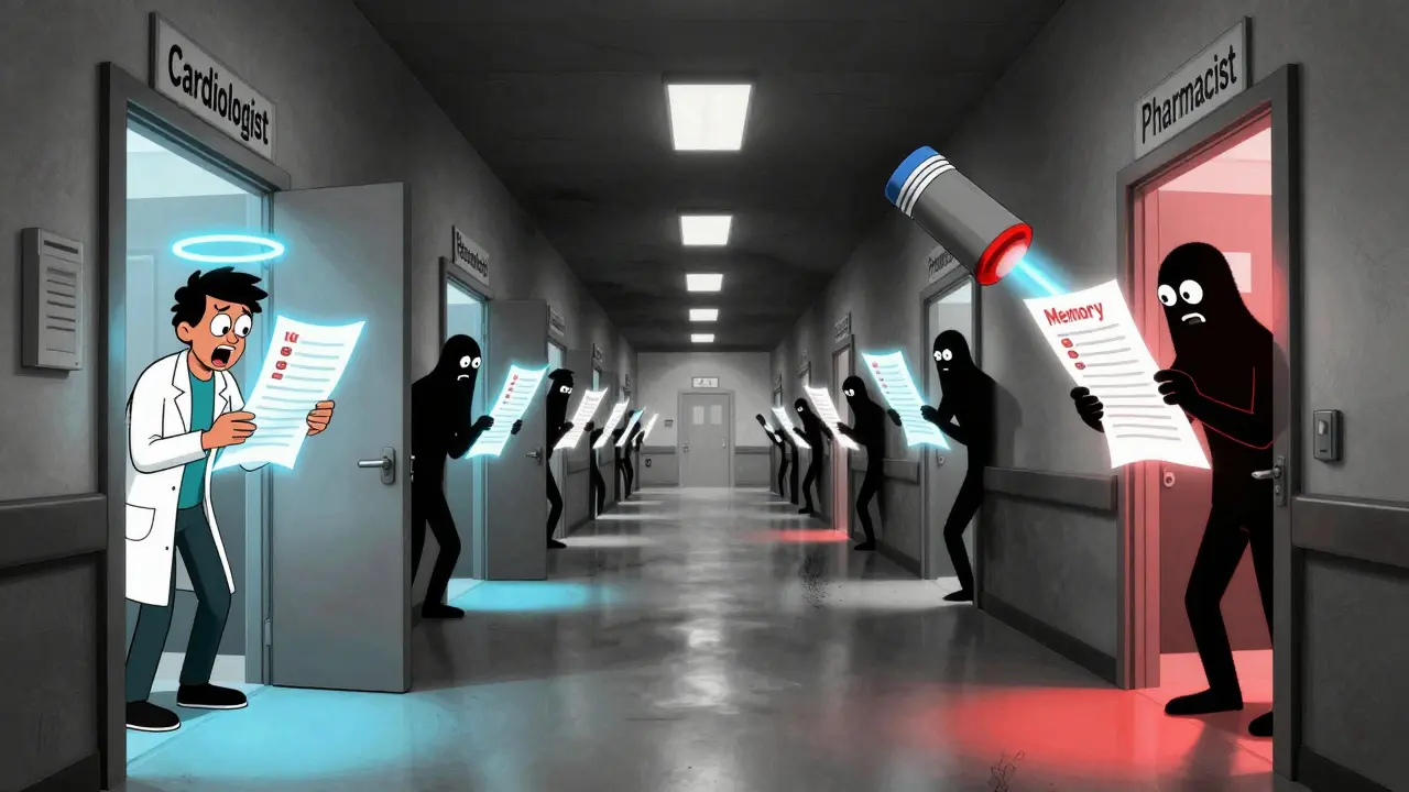 A patient with a glowing medication list floating above them as doctors rush from open doors down a surreal hallway.