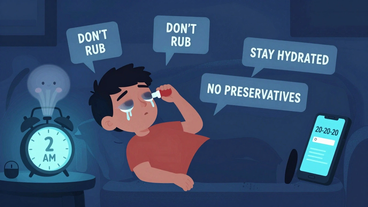 A person at night with blurred vision from gel eye drops, surrounded by health reminders and glowing devices.