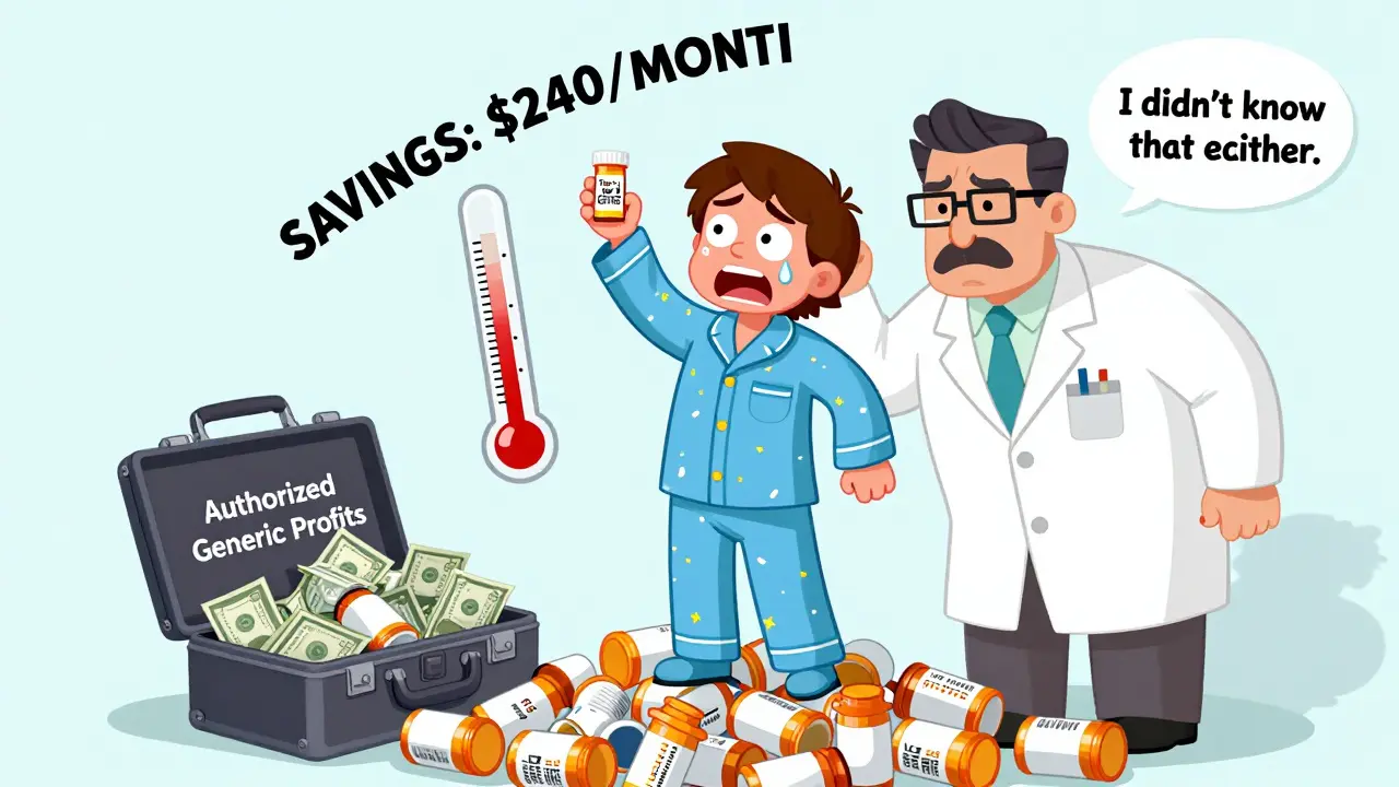 A person holding a low-cost generic pill as a trophy while a corporate CEO cries over lost profits.