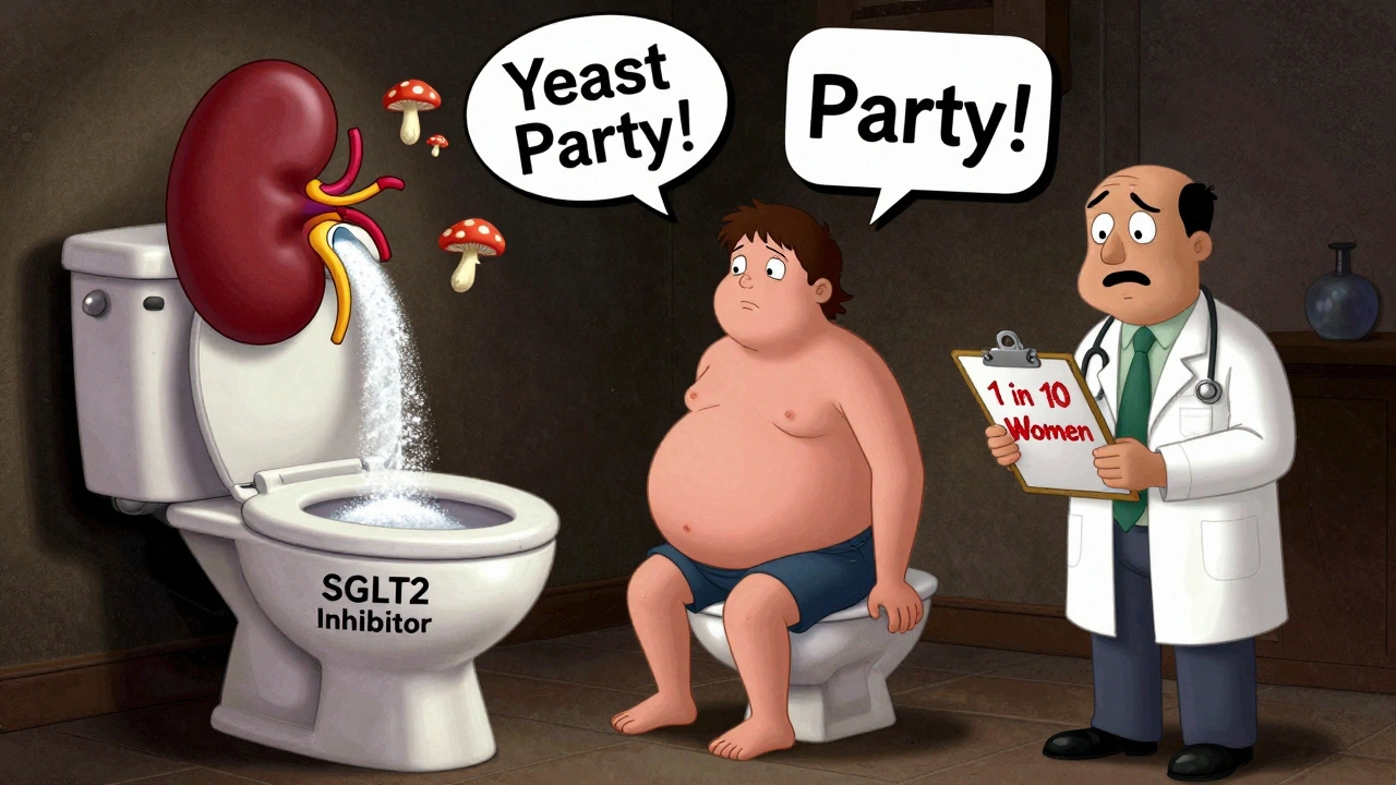 A person on a toilet with a cartoon kidney dumping sugar into a bowl, surrounded by dancing yeast fungi.