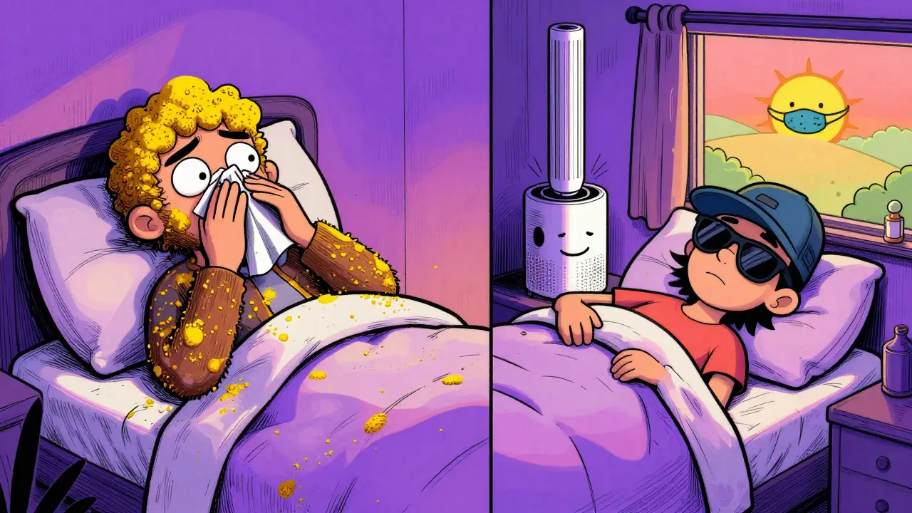 A person sneezes covered in pollen on one side, sleeps peacefully with air purifier on the other, in a split-panel cartoon bedroom scene.