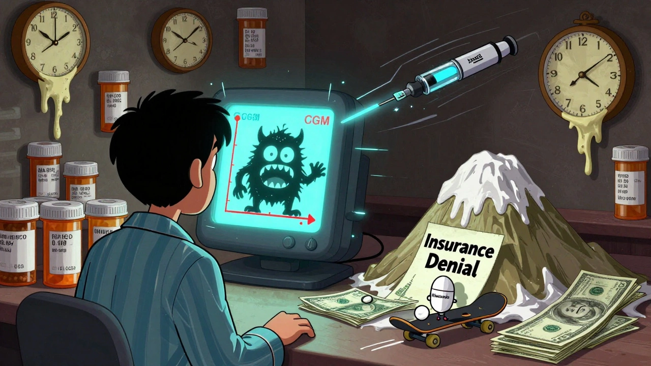 A person staring at a glowing blood sugar monitor that has turned into a screaming monster, with a pill riding a skateboard over cash.