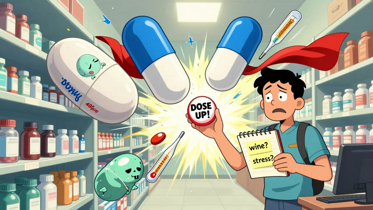 A person surrounded by giant antihistamine pills and a symptom diary with quirky labels.