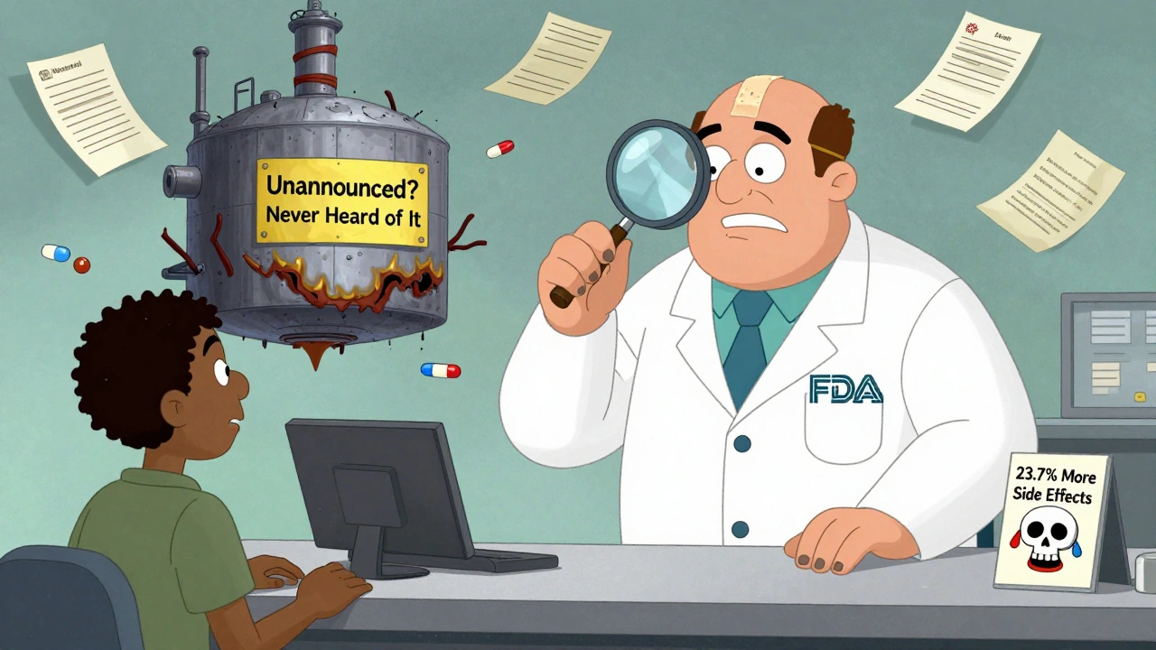 A pharmacist confronted by a patient while a grotesque FDA inspector struggles to inspect a floating, broken factory.