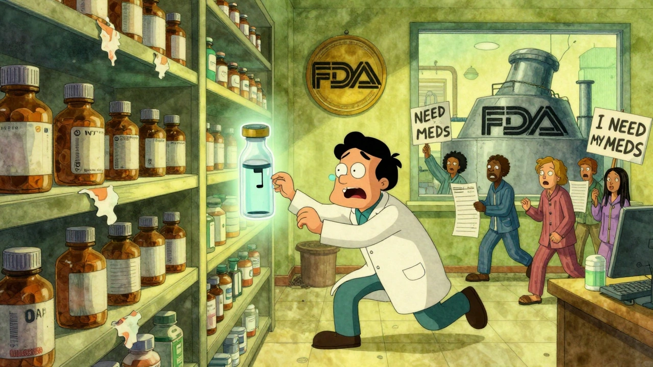 A pharmacist faces empty shelves as medicine bottles cry and patients protest outside, under a crushing FDA symbol.