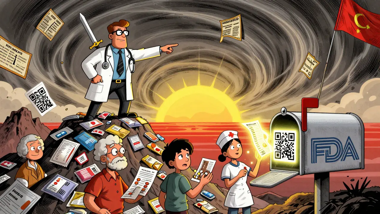 A pharmacist standing on a pile of counterfeit medicine, pointing to a rising QR-code sun as others submit reports.