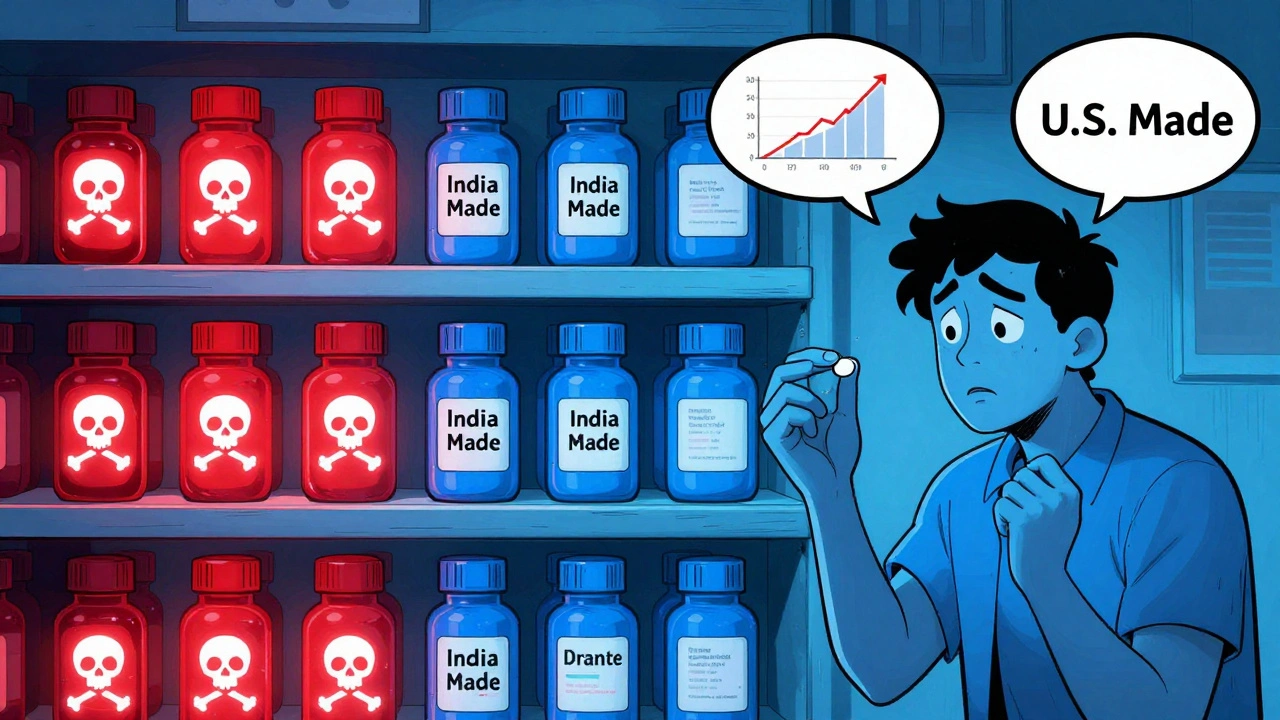 A pharmacy shelf with glowing red and blue generic pills, showing contrasting effects on a confused patient.