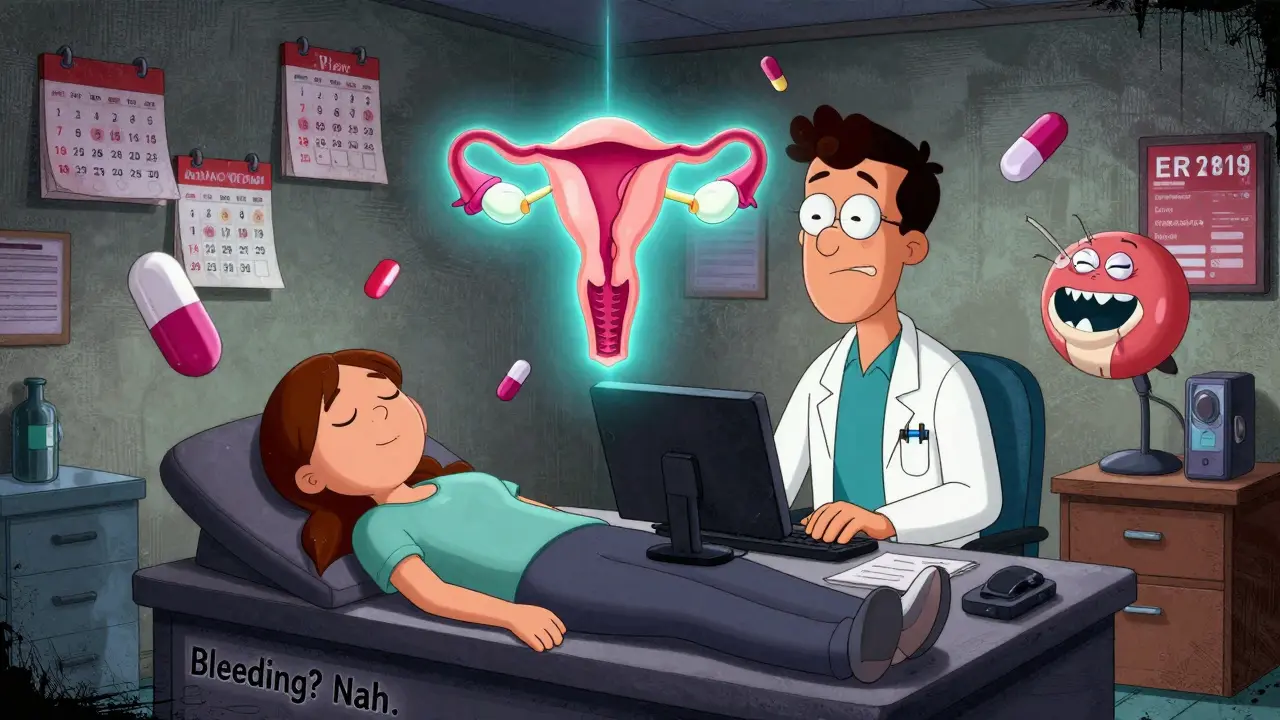 A sleeping doctor ignores a glowing IUD hovering over a patient’s uterus, while blood thinner pills argue in the background.
