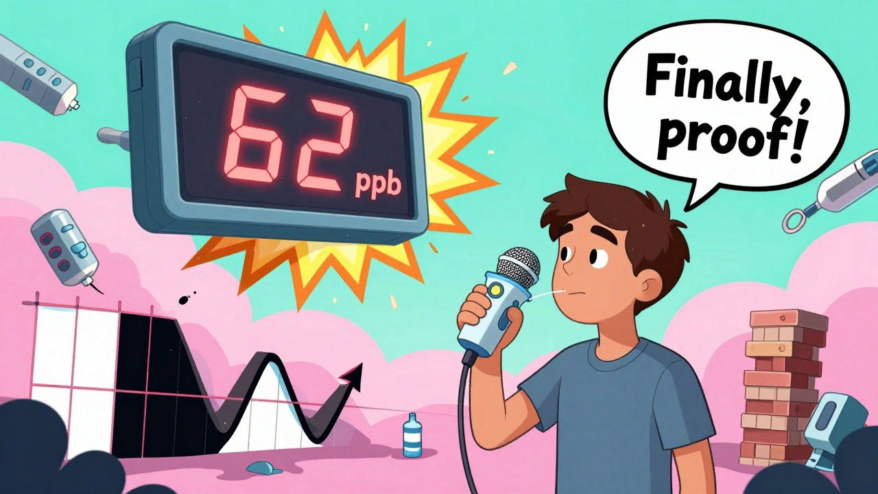 A teen breathing into a futuristic device as a giant 62 ppb reading explodes above them, with collapsing spirometry graphs.