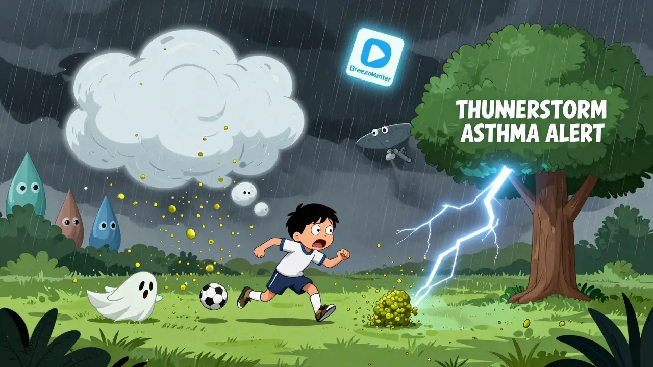 A thunderstorm explodes pollen into ghostly particles while a child flees in a park under a glowing weather alert.