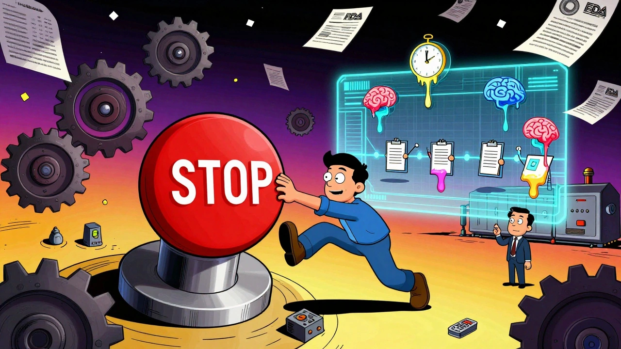 A worker stops a drug line with a giant button as AI brains argue and a melting clock ticks away 4.7 hours.