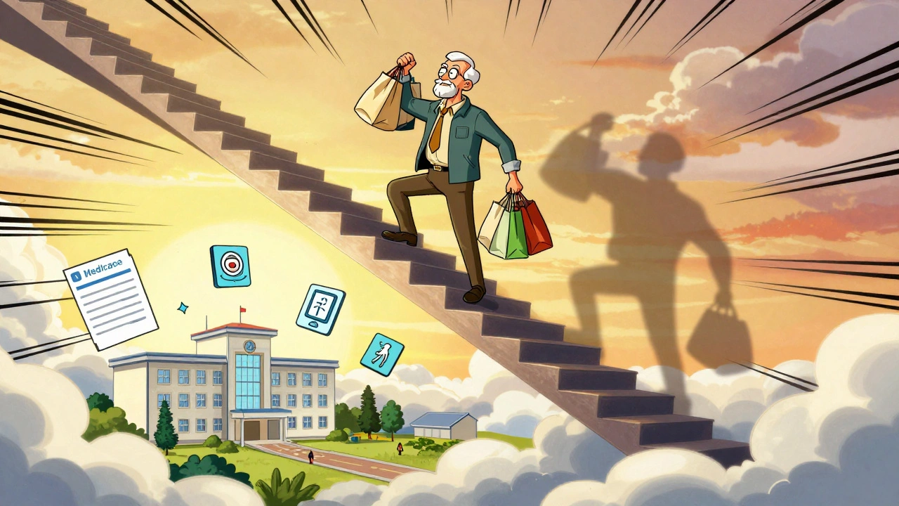 An elderly man carries groceries up a surreal staircase, his shadow transformed into a superhero, with medical icons floating below.